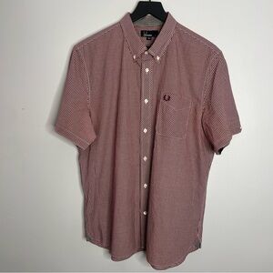 Fred Perry Short Sleeve Gingham Button Down Shirt Mens XL Burgundy